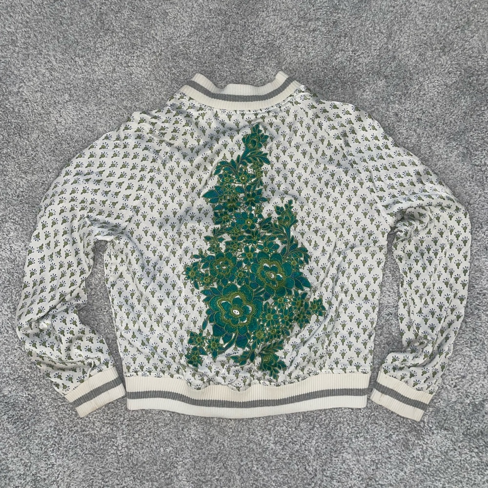 Tiny Editions for Anthropologie Satin Ivory Embroidered Bomber Jacket Size S